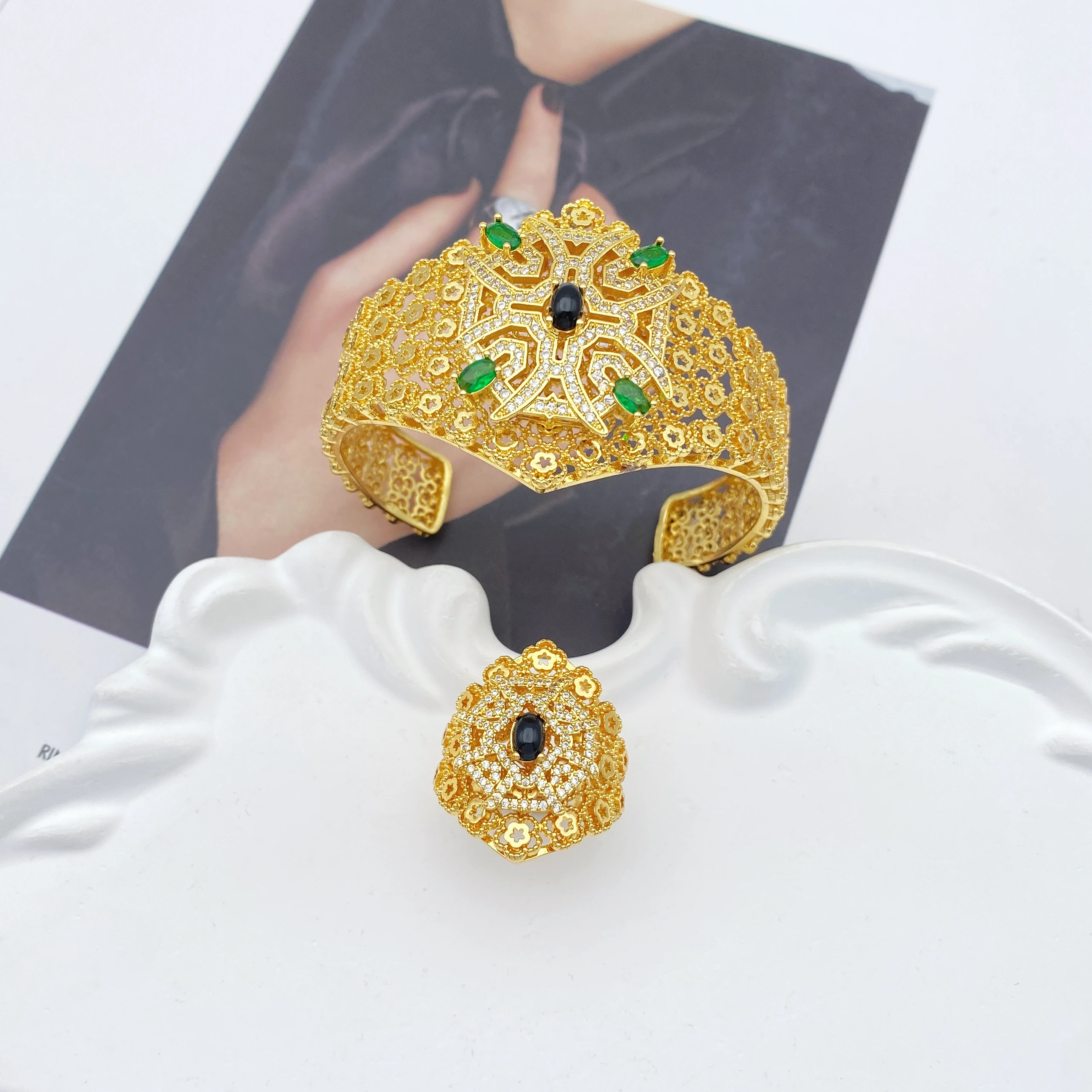 

JRH Women's Gold Plated Bracelet And Ring Set with Artificial Zircon Dubai Style Fashion Jewelry Combo with Free Gift Box