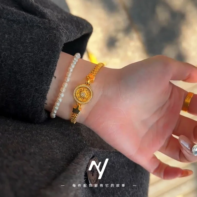 Gold plated k gold rotation eight treasure compass watch bracelet personality retro national style female hand jewelry 9999gold view 2
