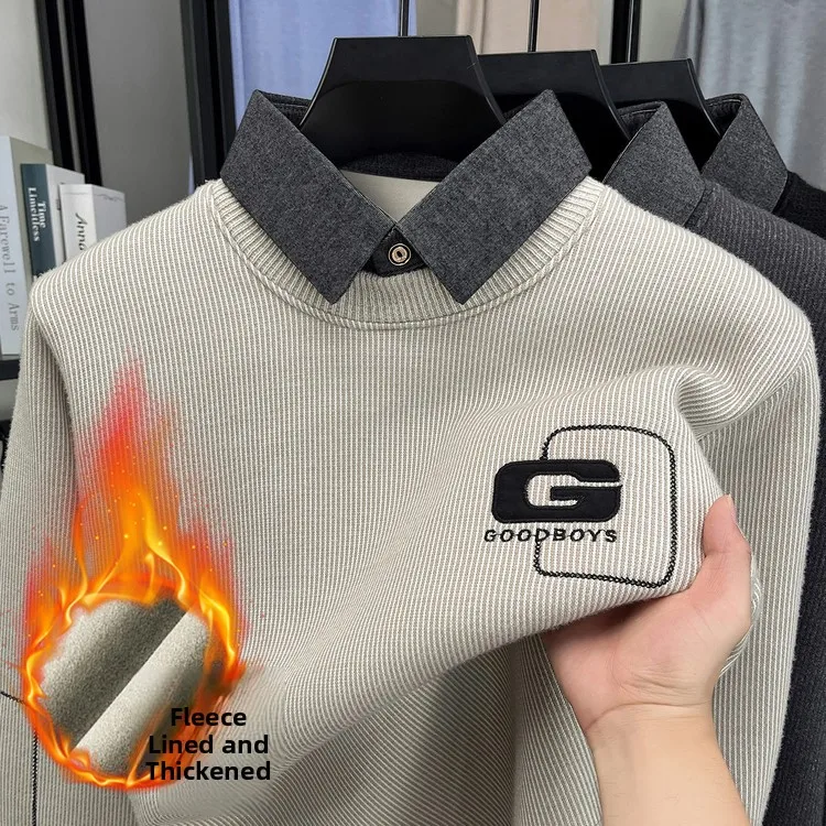 

Loose Polyester Fiber Knitted irt Collar Sweater Youthful Vitali Sle Overhead Casual Long Sve Thermal Wear for Men