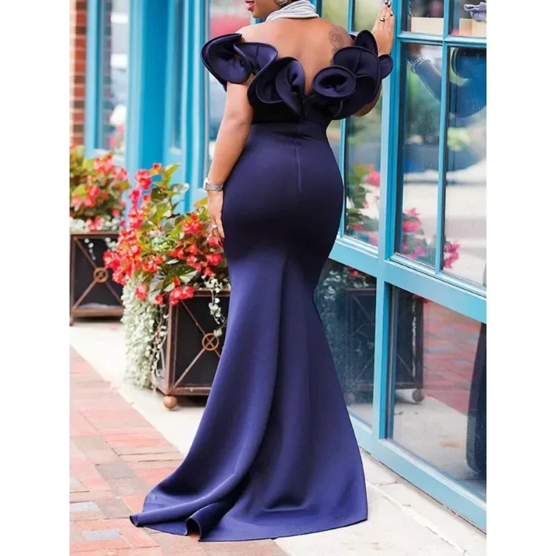 Women Off Shoulder Ruffles Long Party Dresses Solid Package Hip Birthday Wedding Guest Bridesmaids Dinner Prom Celebrate Gowns