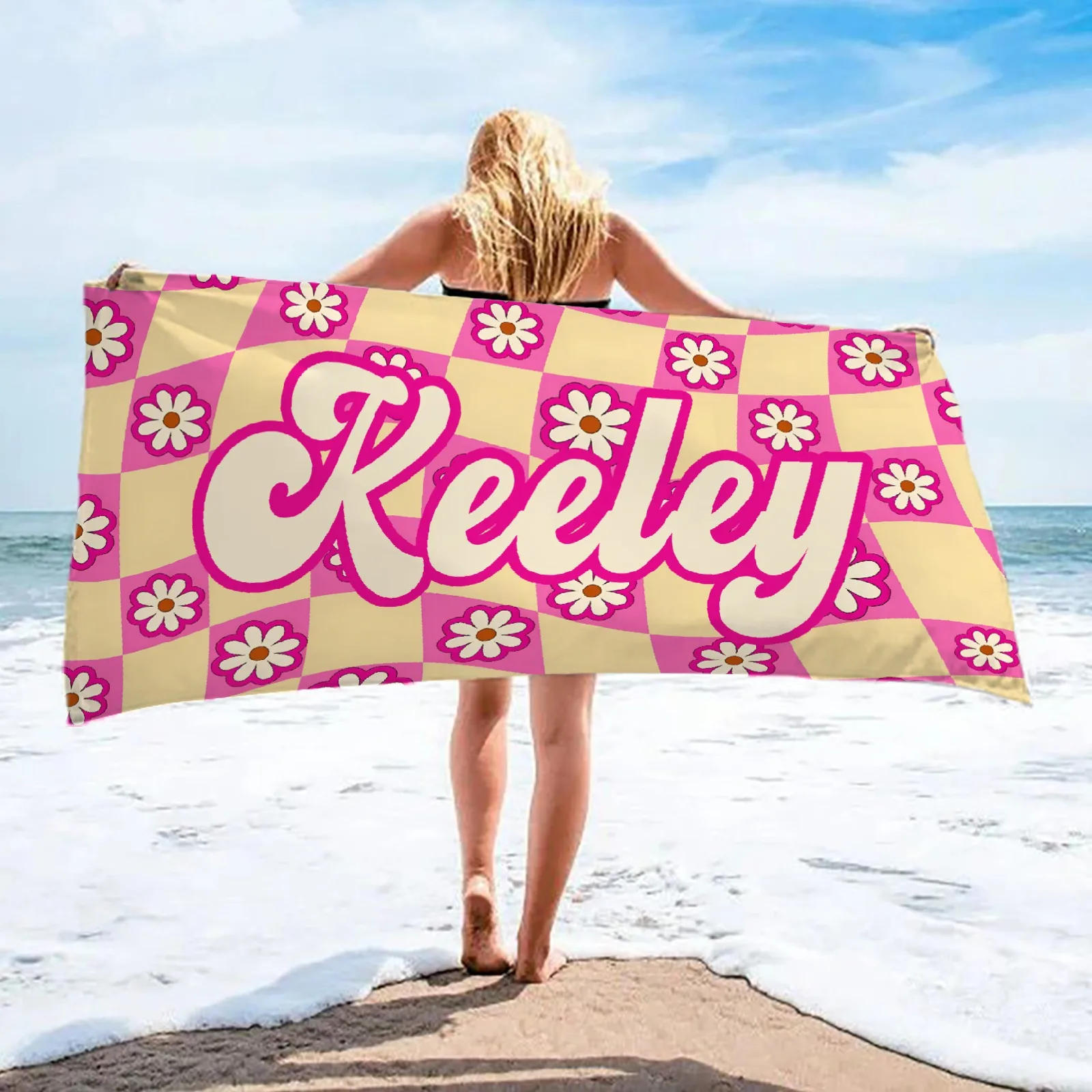 Custom Name Beach Towel Bachelorette Trip Party Favors Personalized Checkerboard Flower Pool Bath Towel Birthday Gift For Kids