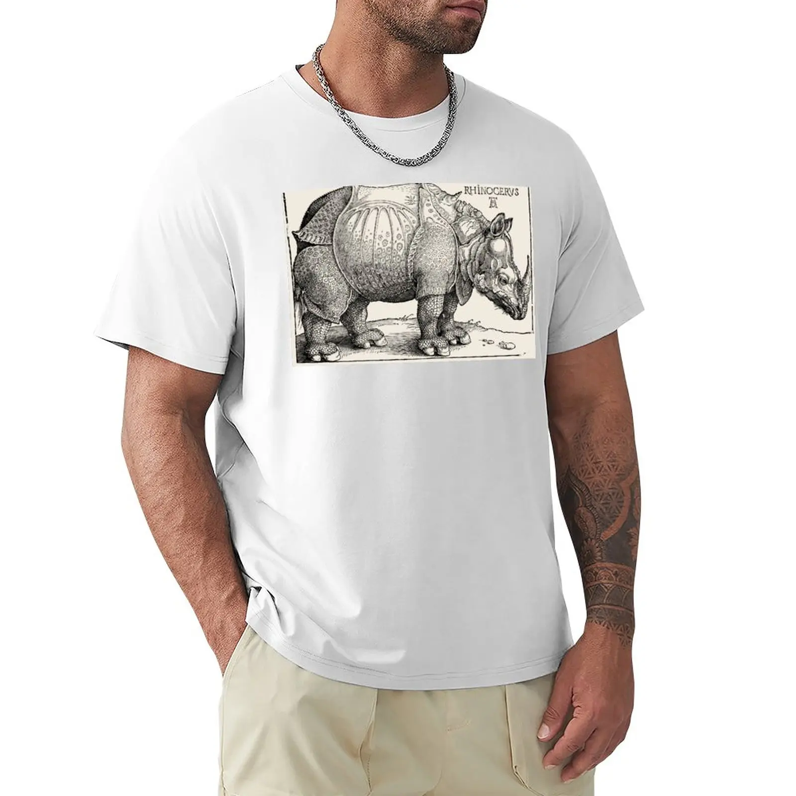 

Albrecht Durer Rinoceronte Rhinoceros 1515 wood engragving ink original fine art HD High Quality T-Shirt cute tops Men's t-shirt