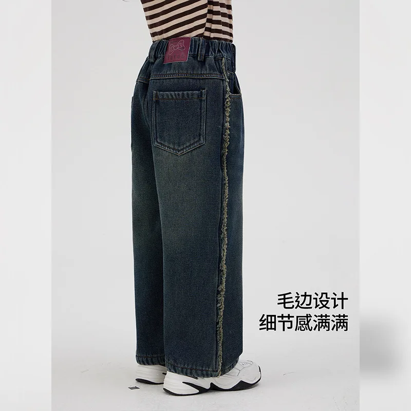 Girls' Velvet Jeans Autumn/Winter 2024 New Thickened Warm and Casual Versatile Wide Leg Pants