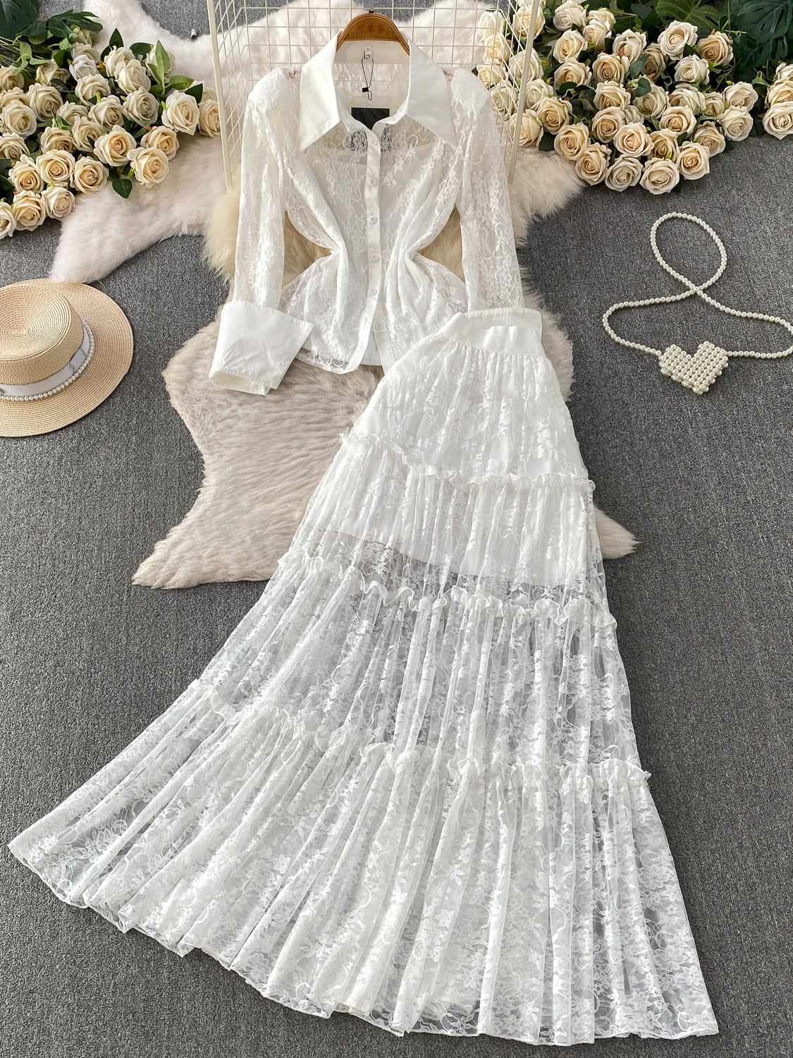 

Elegant Lace Splice Long Sleeve Shirt with Paded Strap Three Piece Set High Waist Gored Skirt Commute Style Summer Fashion