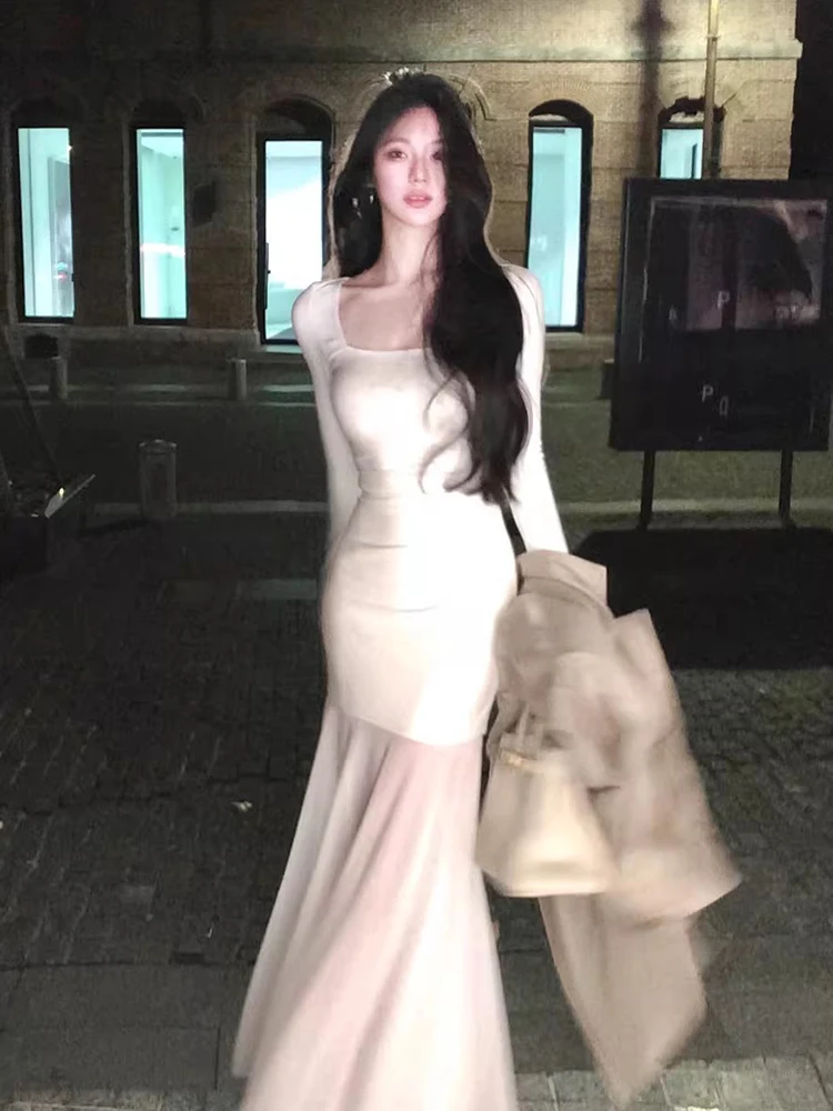 REDDACHiC vestido de sirena de malla de punto nuevo en mangas largas cuello cuadrado fruncido ceñido al cuerpo Maxi vestido largo elegante ropa de mujer de otoño