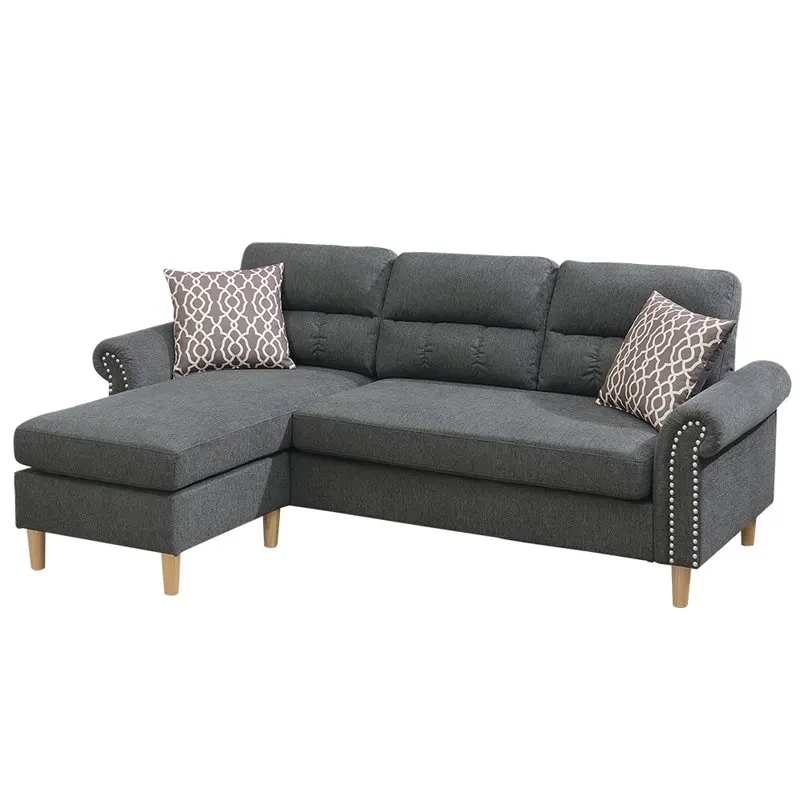 

Slate Color Polyfiber Reversible Sectional Sofa Set Chaise Pillows Plush Cushion Couch Nailheads