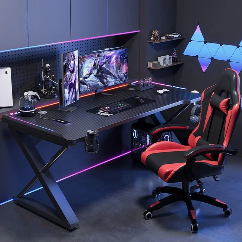 

/ Carbon Fiber Texture Table Top RGB Ambient Light XK-shaped Carbon Steel Table Legs E-Sports Gaming Computer Desk for Home