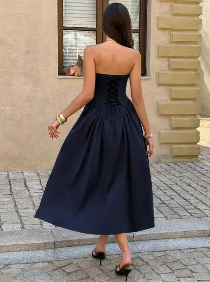 

Summer New French Elegant Fashionable Temperament Style Solid Lace Up Waist Cinched A-Line Backless Banquet Strapless Dress