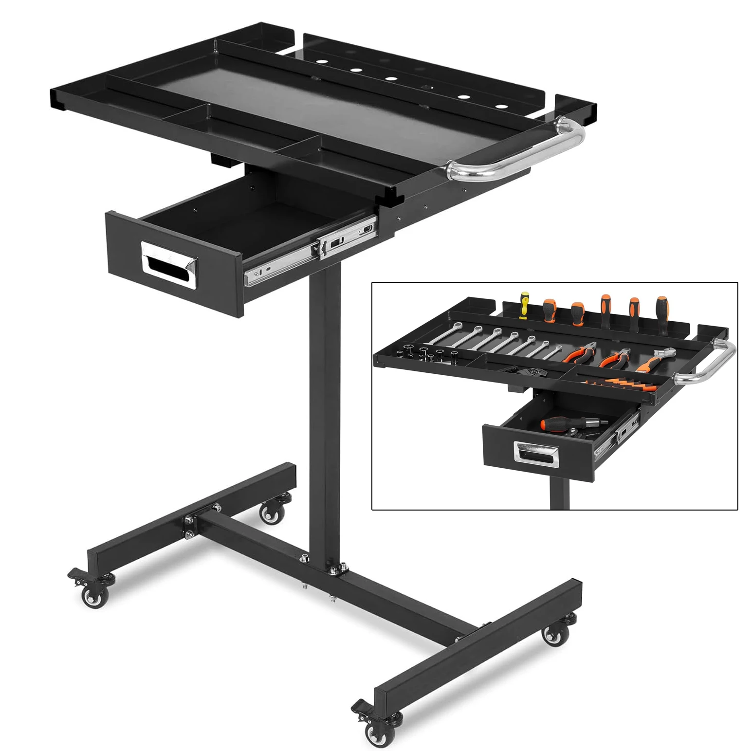 

Heavy-Duty Mobile Workbench with Wheels, Adjustable Height Rolling Tool Tray Table Mechanics Work Cart for Garages Workshop DIY