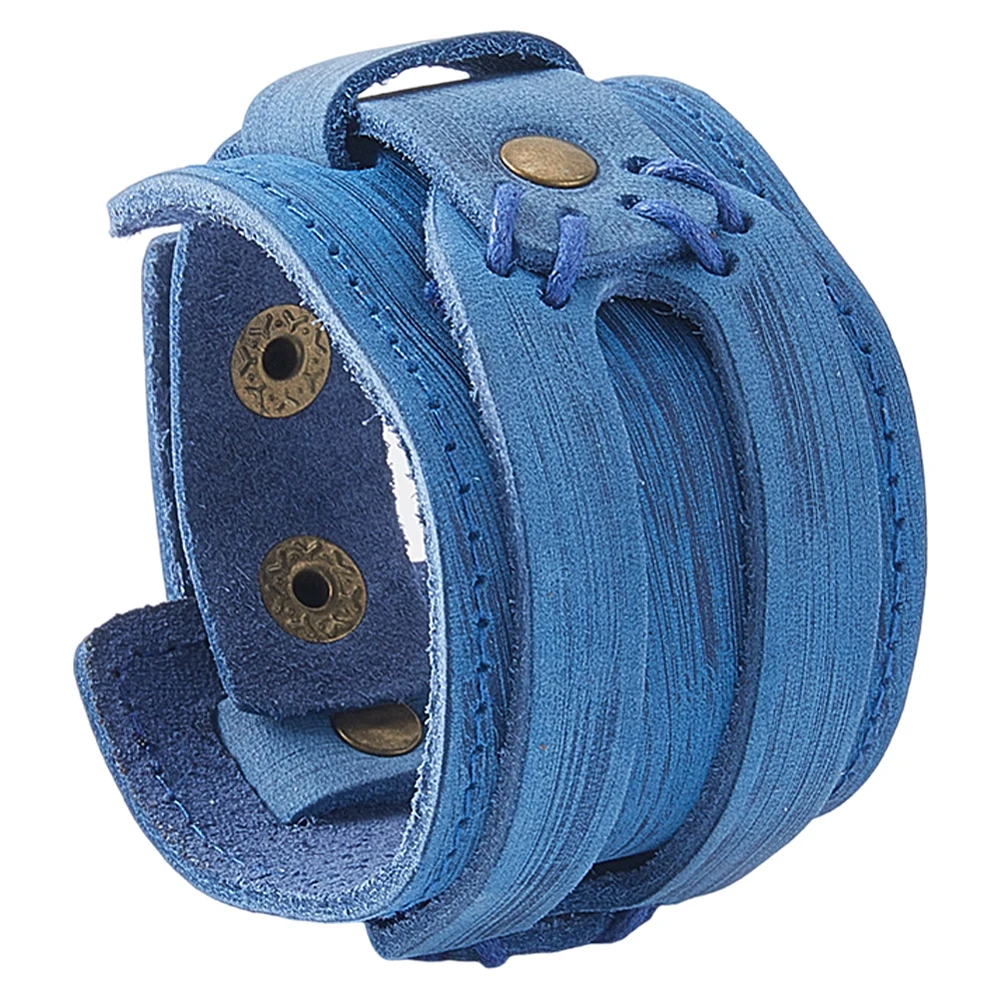 Blue Punk Genuine Leather Wristbands Men's Cowhide Leather Cuff Bracelet Nordic Wrist Band Gothic Biker Adjustable Wide Wrist