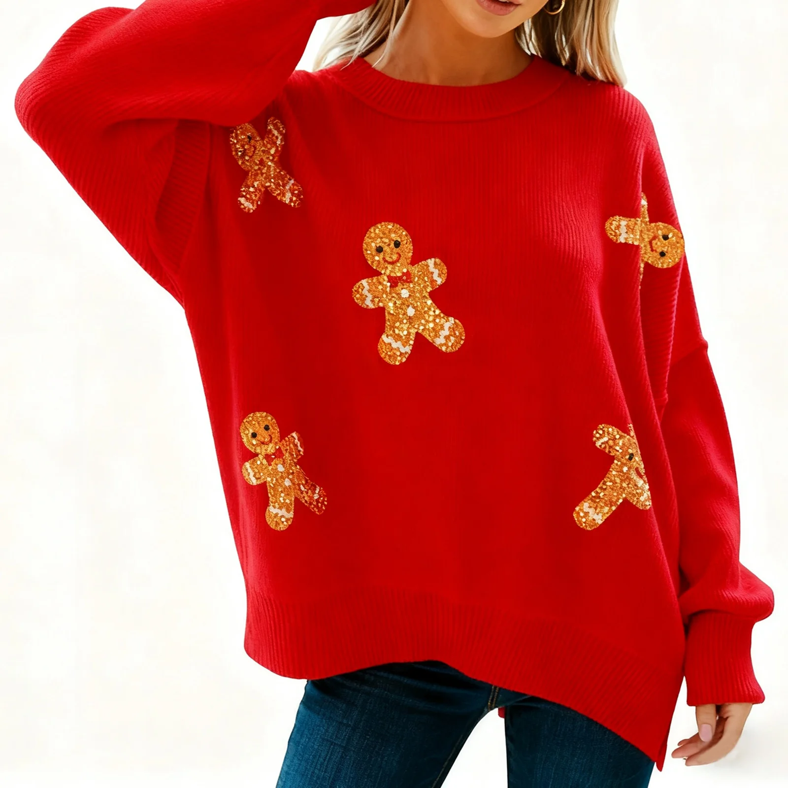 Women Christmas Sequin Knit Sweaters Loose Pullover Sweater Long Sleeve Crew Neck Top Funny Graphic Xmas Knitwear