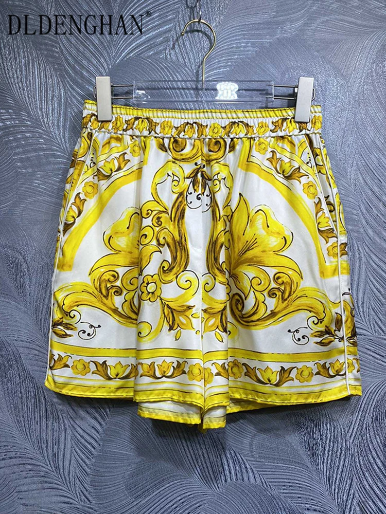 

DLDENGHAN Summer Silk Shorts Women's Elastic Waist Pockets Baroque Print High Street Shorts Fashion Designer New