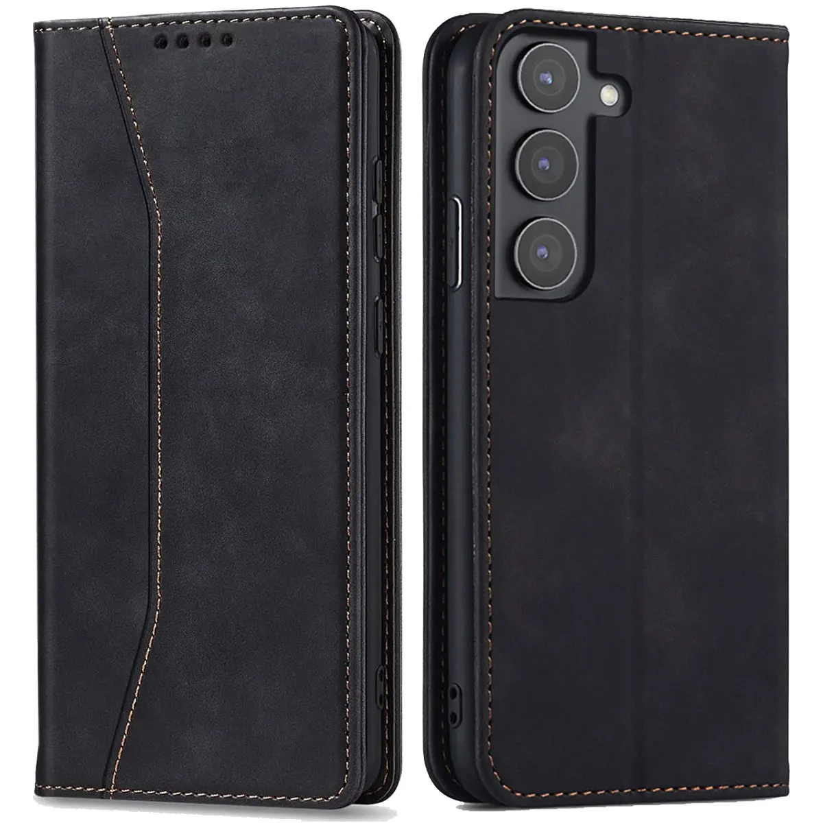 For Samsung Galaxy S23/S23 Plus/S23+/S23 FE 5G Leather Case Rugged Phone Flip Card Slots Magnetic Wallet Phone Cover Black