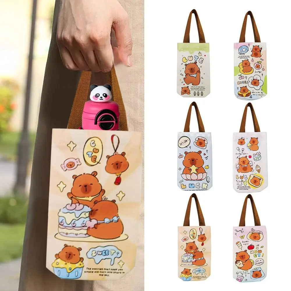 Portable Universal Capybara Cup Cover Large Capacity Canvas Thermos Cup Bag Cartoon Pattern Tote Bag