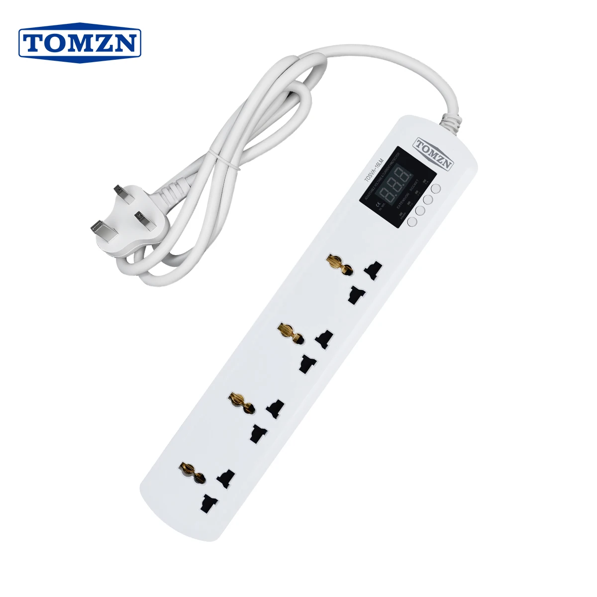 TOMZN Regleta de 4 tomas con protector de voltaje y corriente ajustable, enchufe universal para Reino Unido, AC230V 1-16A 50/60Hz, con pantalla de voltaje