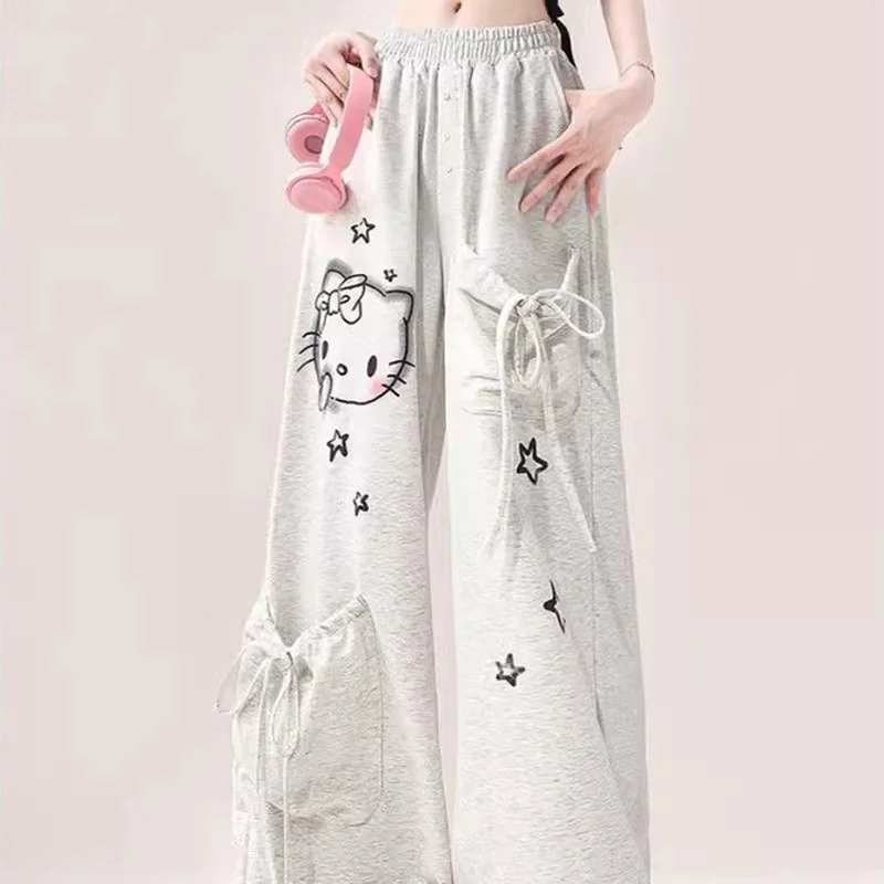 2024 New Sanrio Hello Kitty Grey Sports Pants Women's Summer Sweet Girl Work Clothes Cute Trendy Casual Wide Leg Drop Pants