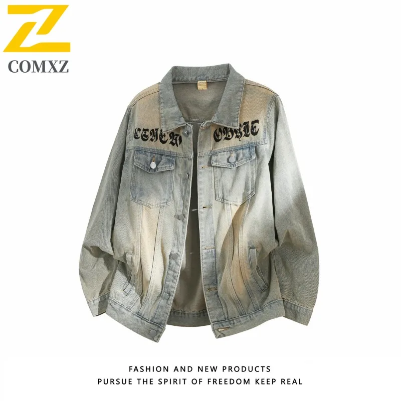 

COMXZ Hot Sale American Street Print Denim Coat Men 2025 New Autumn Hong Kong Style Loose Versatile Workwear Jacket