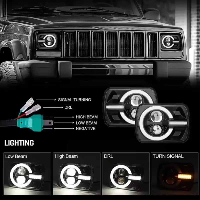 

5x7 / 7x6 LED Rectangular Headlight Hi/Low Beam DRL off-road vehicle Jeep Wrangler Cherokee