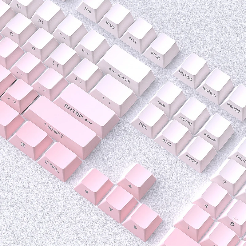 

Персиково-розовые градиентные кейкапы, оригинальная заводская высота 140 мм, полный набор маленьких клавиш с боковой гравировкой и подсветкой, PBT, двухцветные.