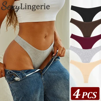 4PCS Vrouwen Katoenen Thongs Vrouwelijke Sexy Lage Taille Slipje G-String Ondergoed Thongs Gestreepte Slipje Vrouwelijk Ondergoed T-Back Intimat