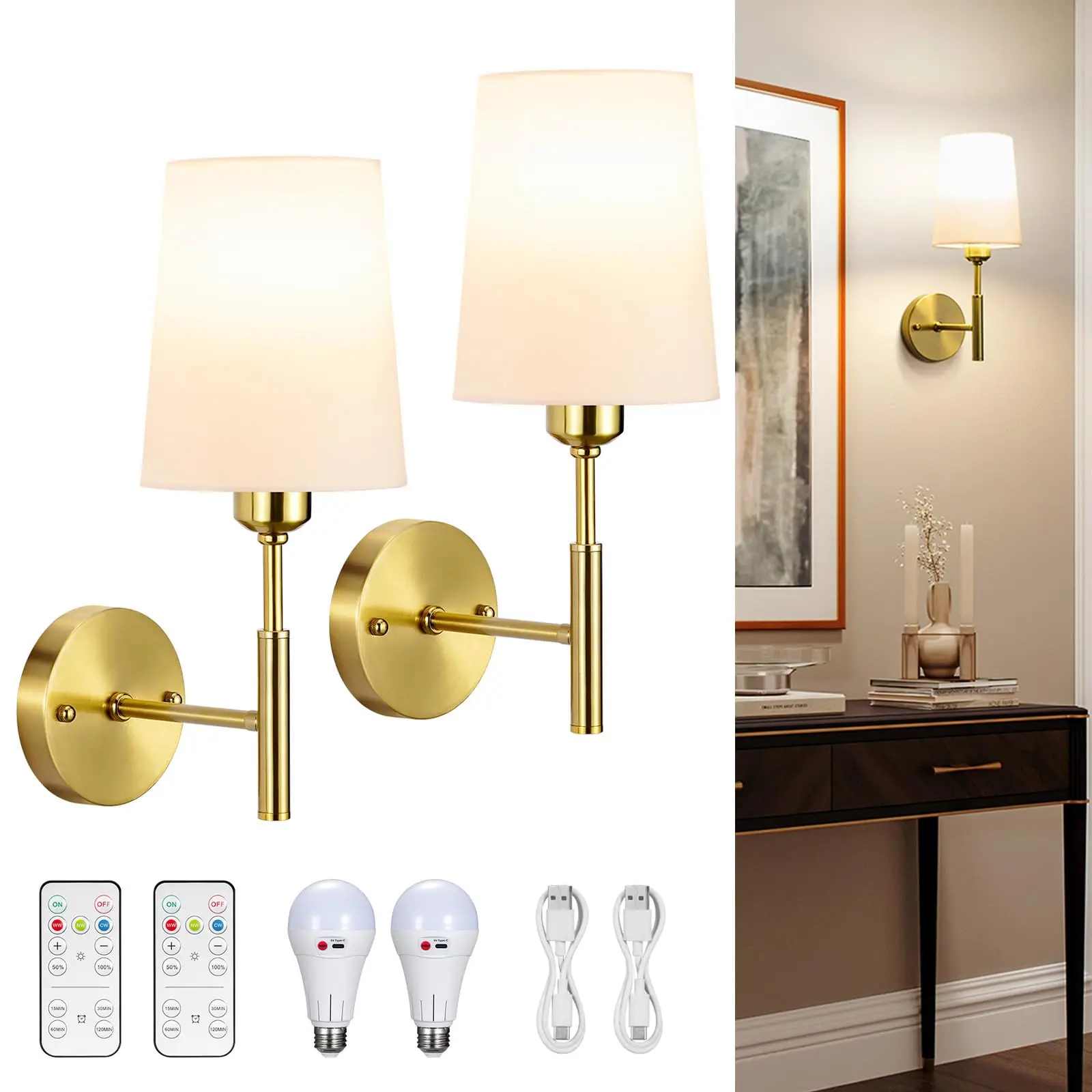 Wall Sconces Battery Operated Not Wiring Rechargeable with Remote Wireless Set of 2 Lamp Lights for Bedroom