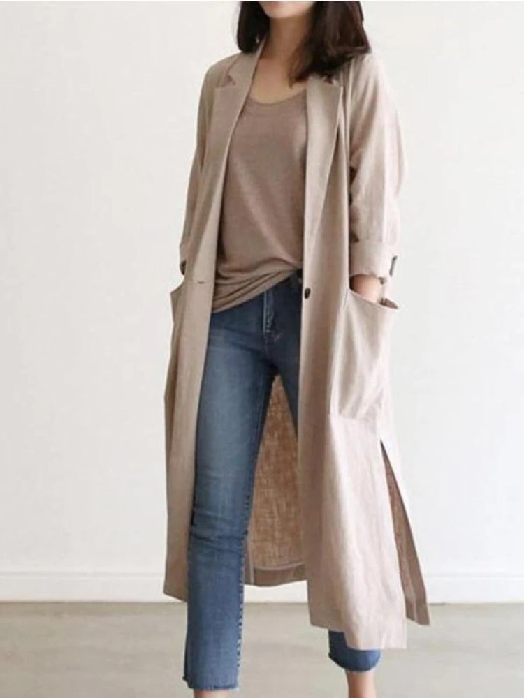 

Trench Coat for Women 2023 Spring Autumn Korean Fashion Solid Lapel Side Slit Windbreak Long Coat Women Jackets Women Clothing