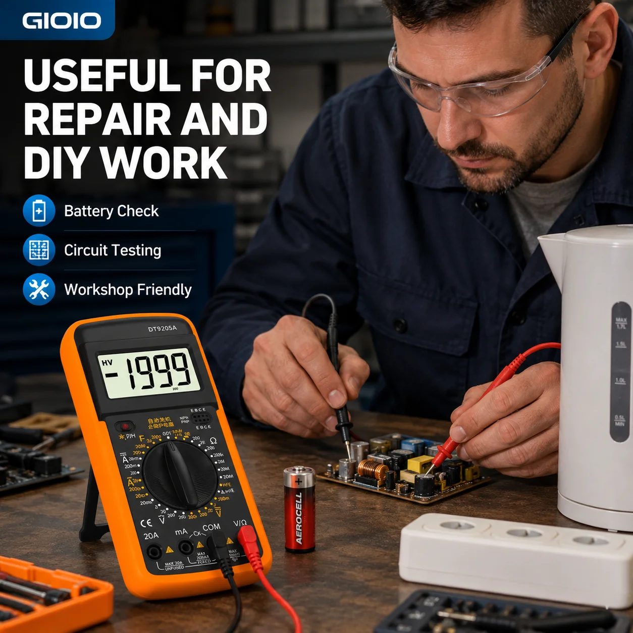 Multimètre numérique GIOIO DT9205A avec écran LCD, mesure de tension AC/DC, courant, résistance, capacité, continuité, test de diodes et de transistors, protection contre les surcharges, arrêt automatique, cordons de test pour les vérifications électriques domestiques, les électriciens, les réparations DIY et l'utilisation en atelier.
