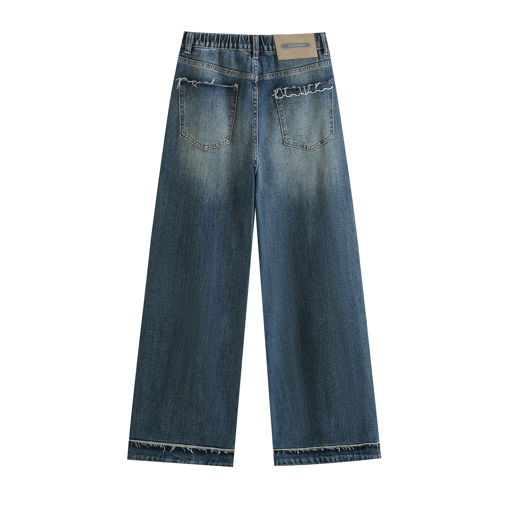 Moda plus size calças de brim femininas outono estilo namorado retalhos franjas estiramento denim perna larga calças comprimento total 8373