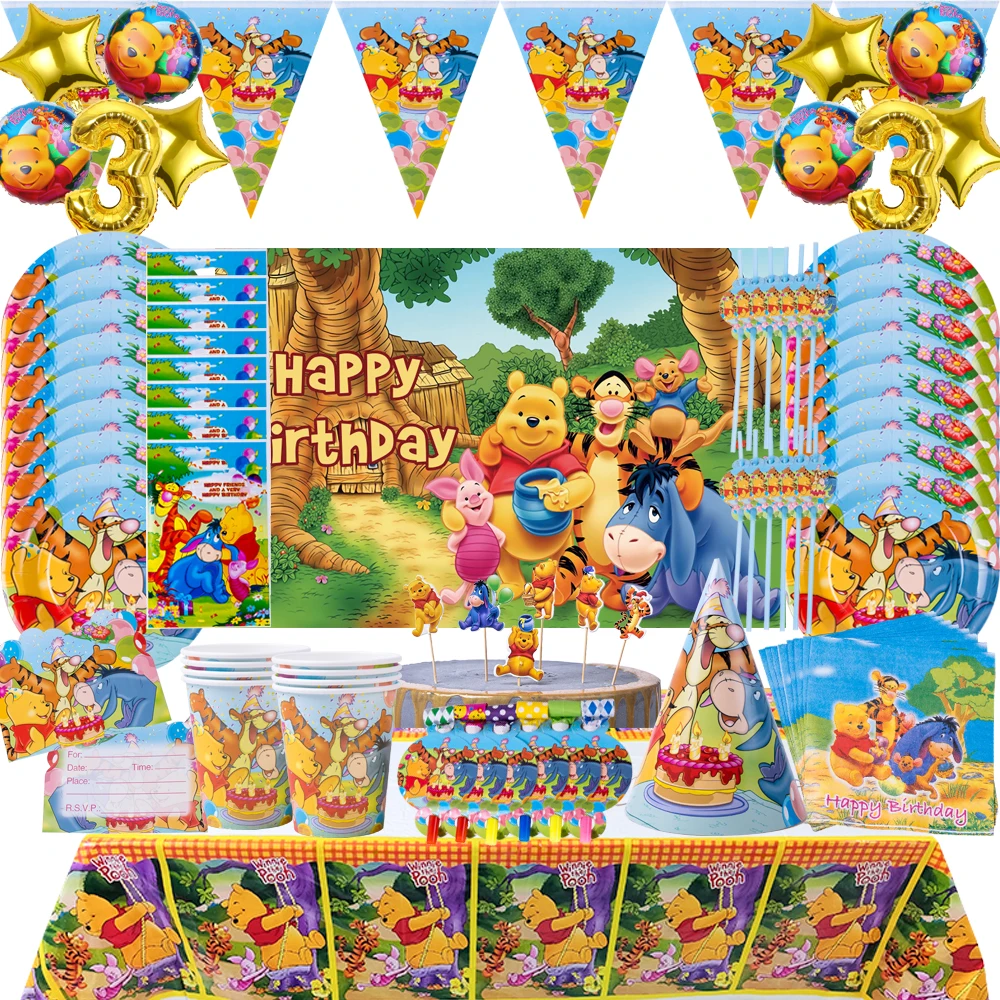 Disney Winnie the Pooh Party Decorative Supplies Disposable Cutlery Cup and Plate Children's Birthday Cubs Balloon Baby Shower