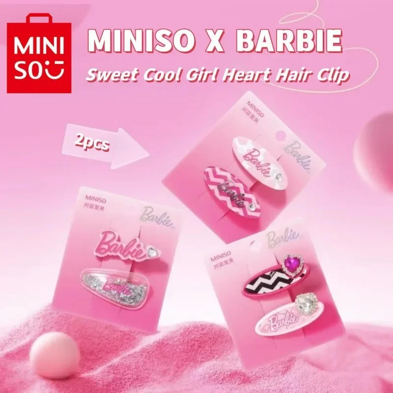 MINISO Barbie Joint Series 2pcs Shiny Heart Logo Oval Pair Cute Cartoon Side Hair Clips Gift for Children and Girls