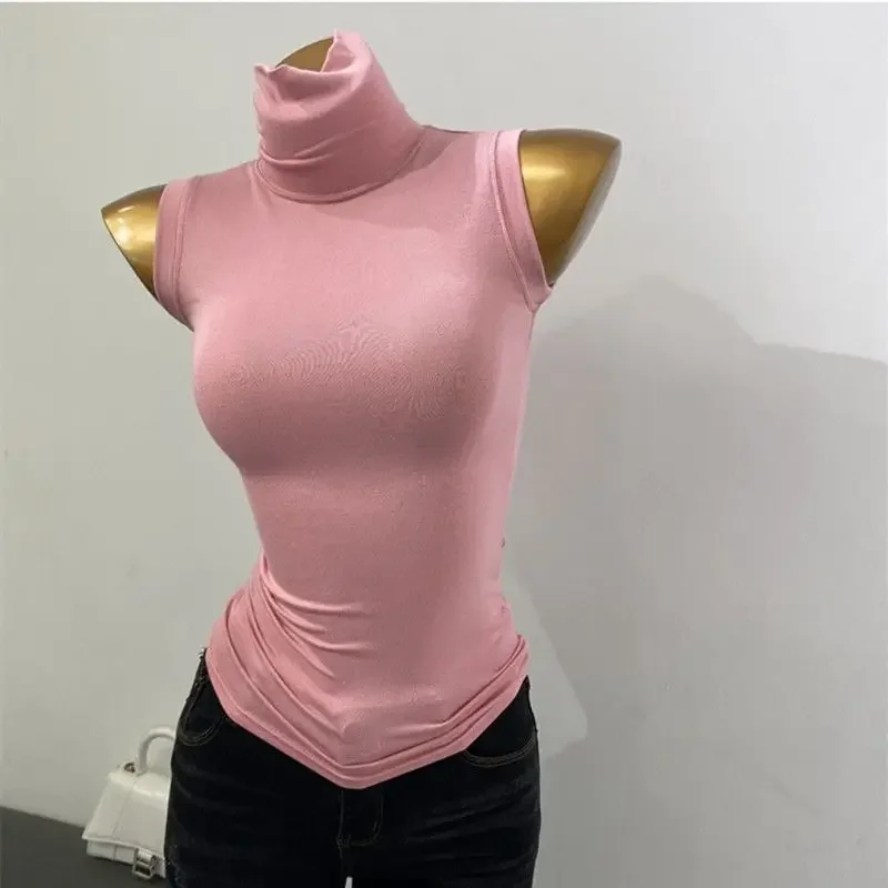 Damen Tanktop mit hohem Kragen, ärmellos, figurbetont, dehnbar, durchscheinend, atmungsaktiv, leicht, Coquette Y2K, lässig, Party, Layering, Basisschicht – Detail 2