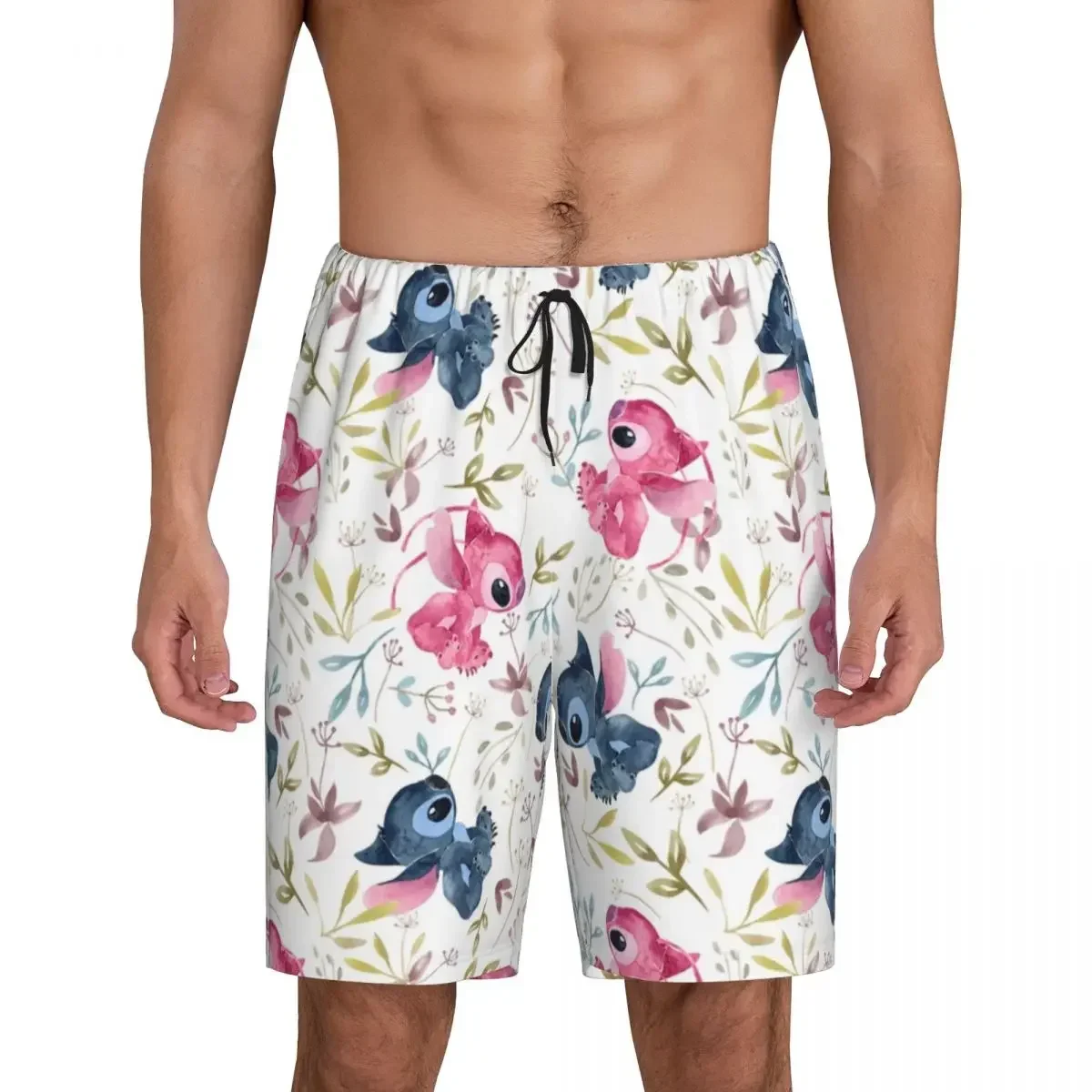 Custom Lilo  Tropical Floral On White Pajama Shorts Sleepwear Men Elastic Waistband Sleep Lounge Short Pjs with Pockets