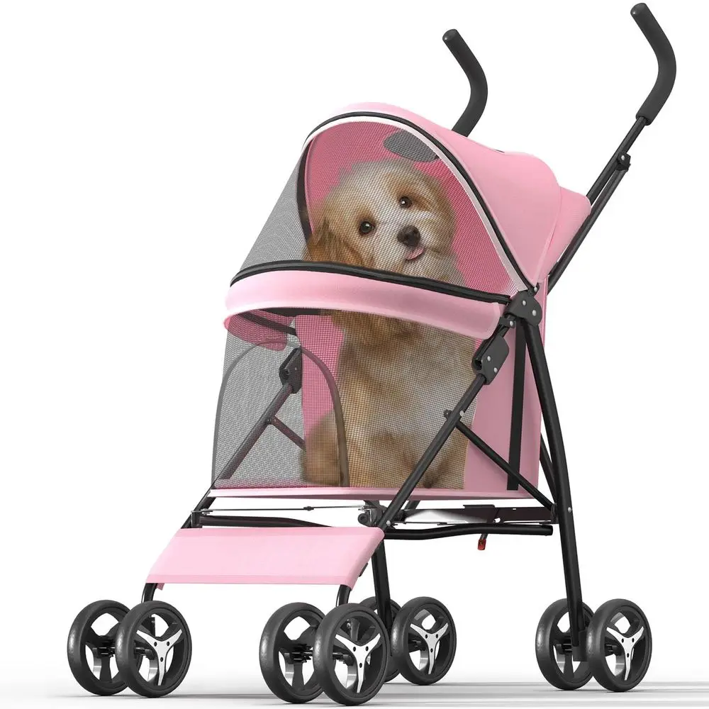 4 Wheels Pet Stroller Small Medium Pets Pink Carrier Jogger Rear Wheel Breaks Storage Basket Visible Mesh Weather Cover Portable