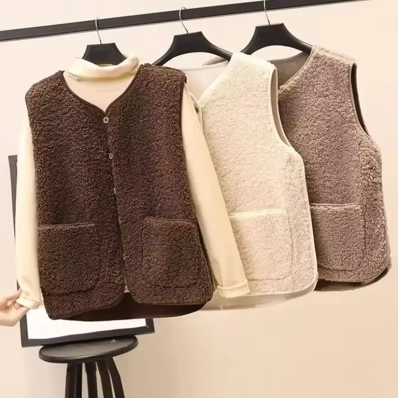 Vests Winter Autumn Women Button Waistcoat Lamb Hair Basic Thermal Warm Thick Fleece Vests Sleeveless Jacket