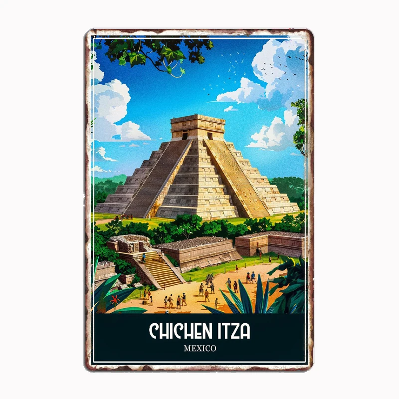 Ancient Ruins of Chichen Itza Mexico Travel Poster Metal Sign Poster Garage Room Decor Automobile Club Tin Home Decor