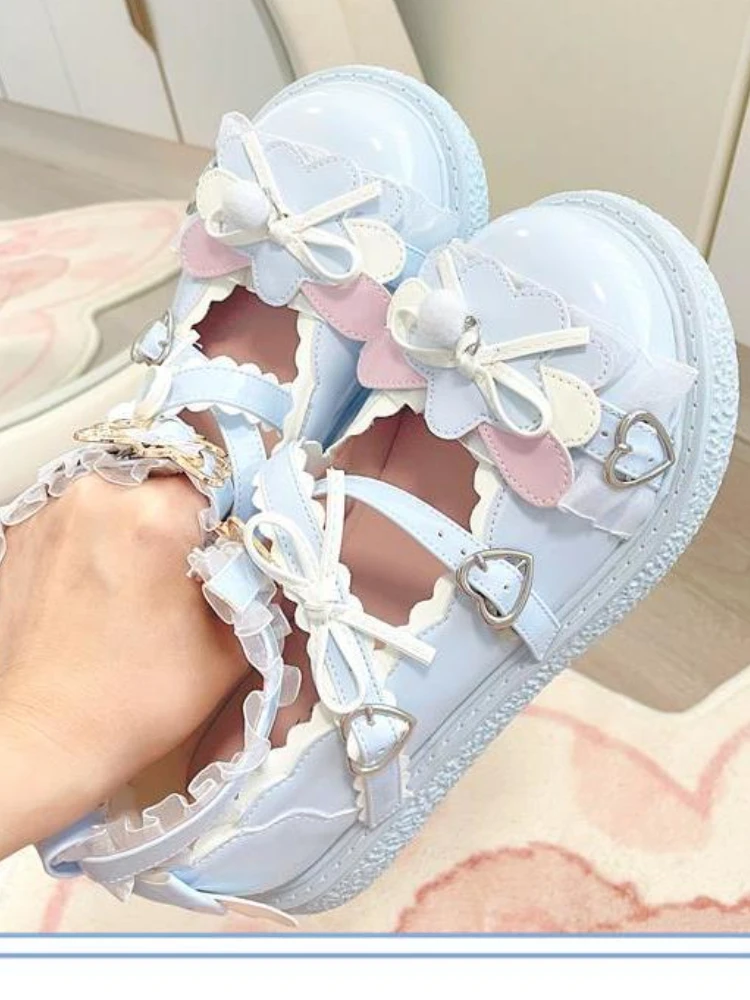 Summer Lolita Sweet Sandals Women Japanese Bow Kawaii Chic Mary Janes Shoes Female Preppy Style Lace-up Round Toe Shoes 2024