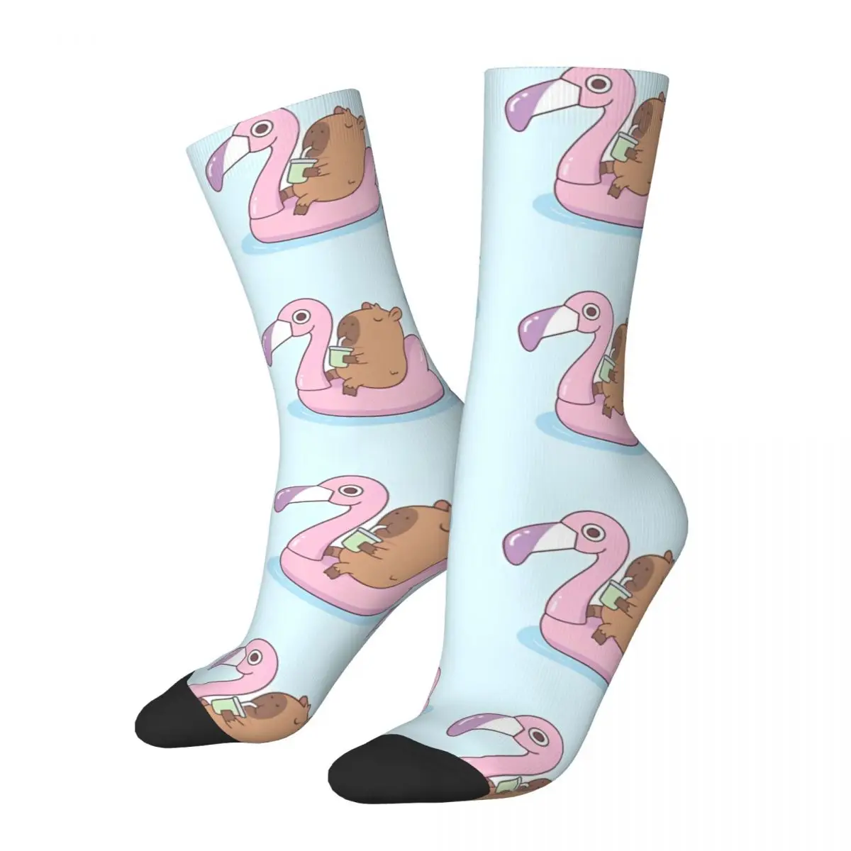 Cute Chilling On Pink Flamingo Pool Float Capybara Cartoon Socks Male Mens Women Spring Stockings Printed