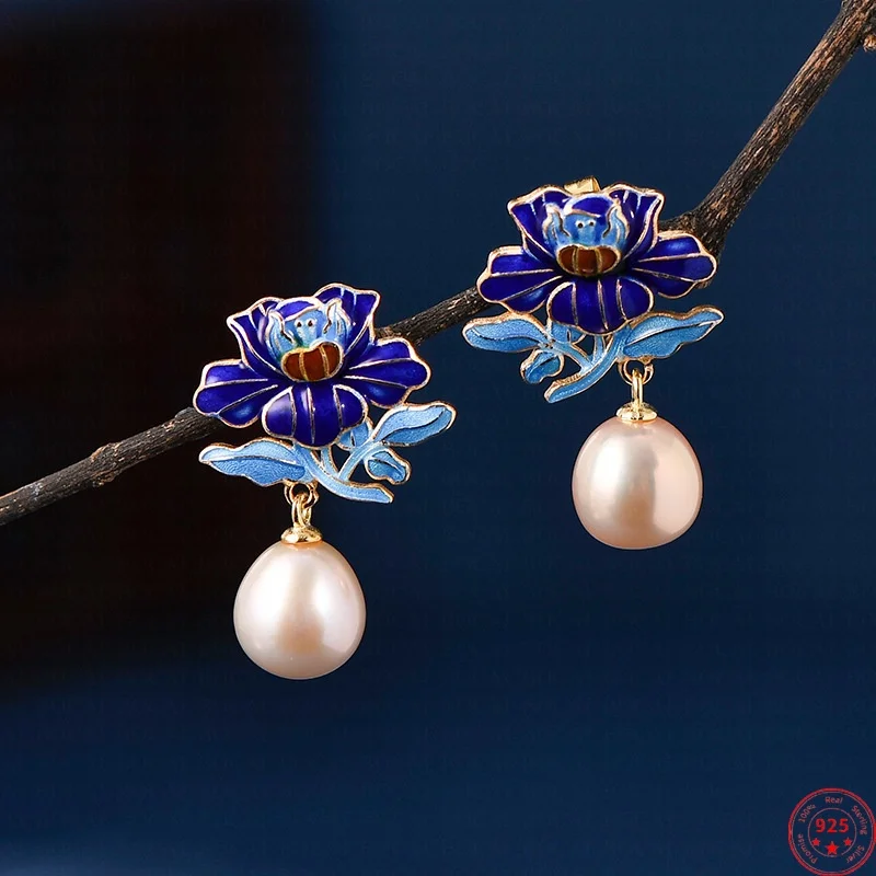 

S925 Sterling Silver Charms Studs Earrings for Women Cloisonne Flowers Freshwater Pearls Tassel Ear Studs Jewelry Free Shipping