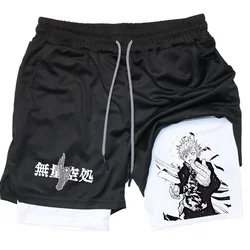 Jujutsu Kaisen pantalones cortos deportivos para hombre, ropa deportiva con estampado de Anime, Gojo Satoru, entrenamiento de gimnasio, 2 en 1