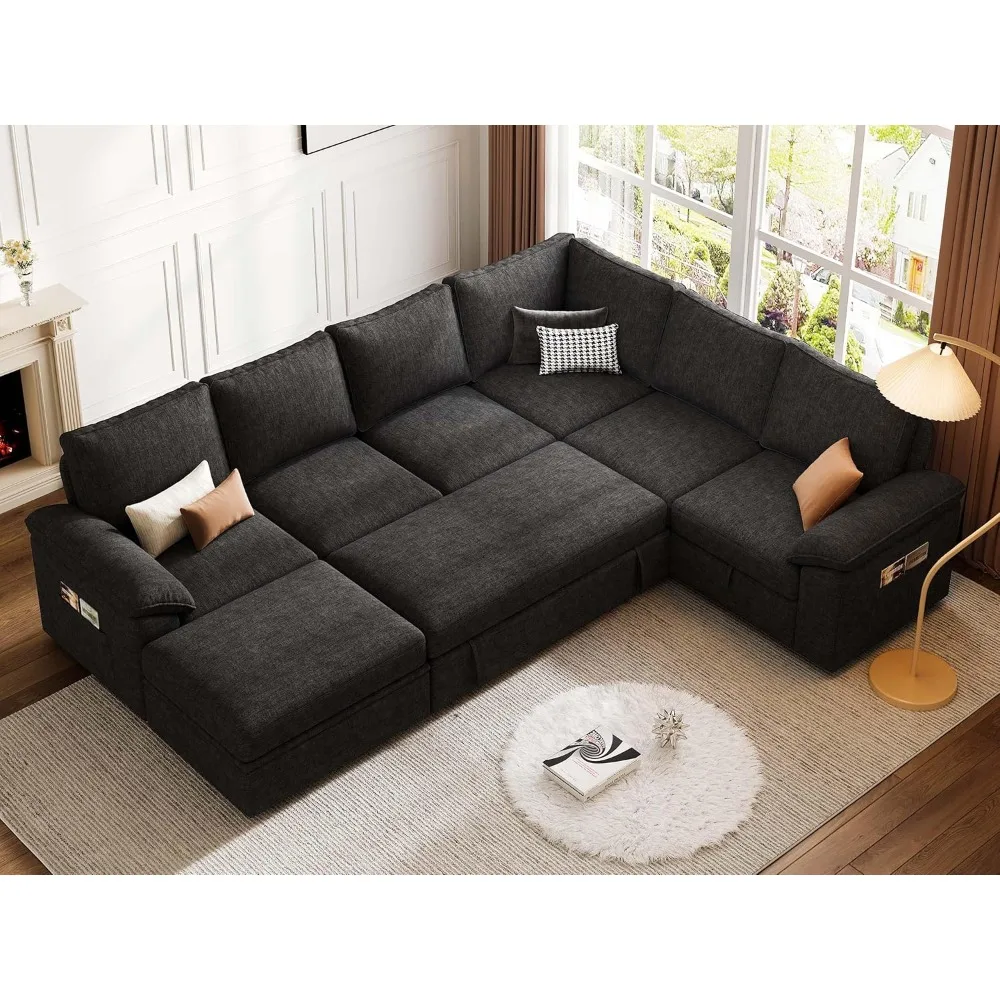 

Exceptional Comfort,U Shape 7 Seat Modular Sectional Sofa with Pull Out Bed Storage Removable Cover Living Room Custom