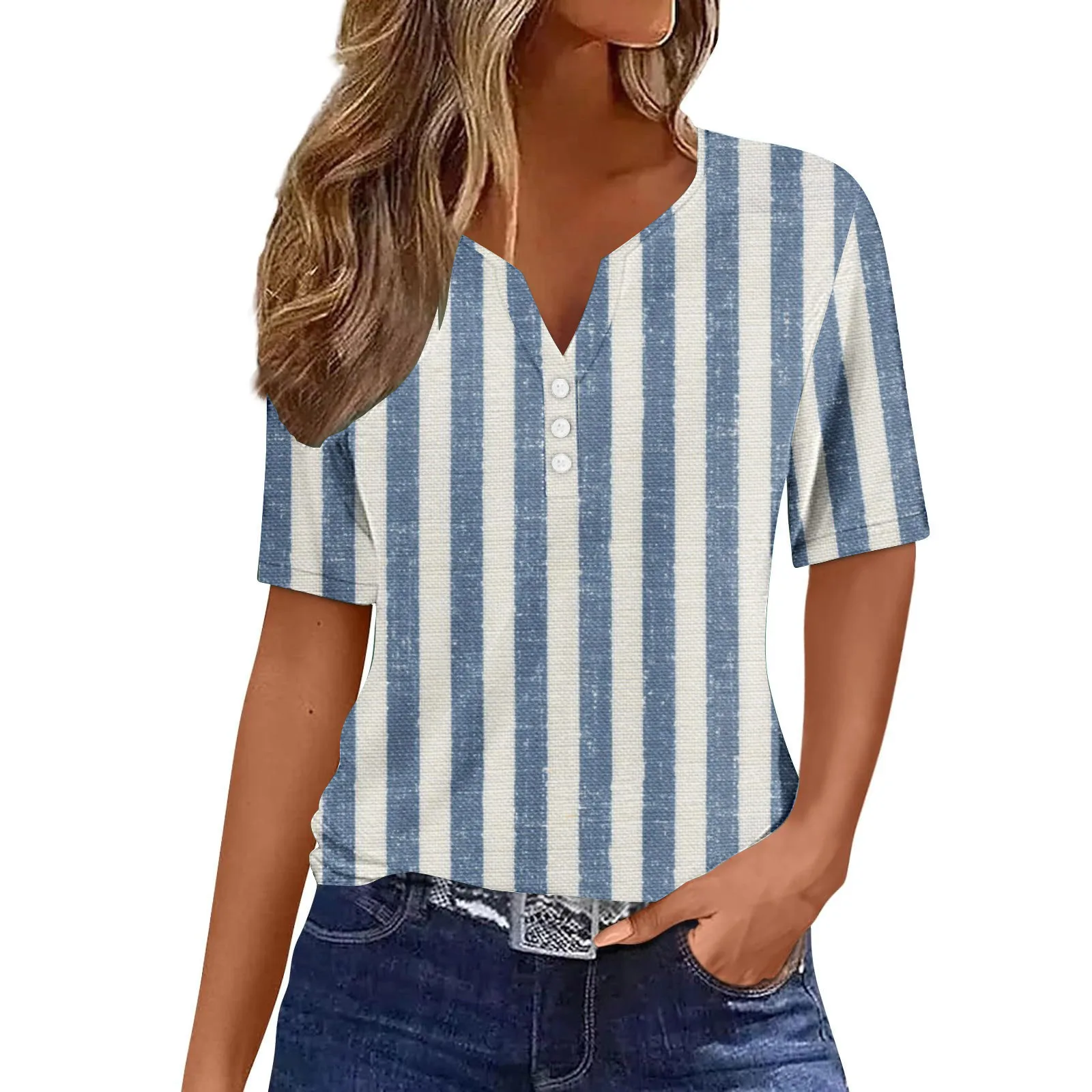 

Short sleeved button top summer women's casual fashion striped print 2024 new slim fit versatile WG19