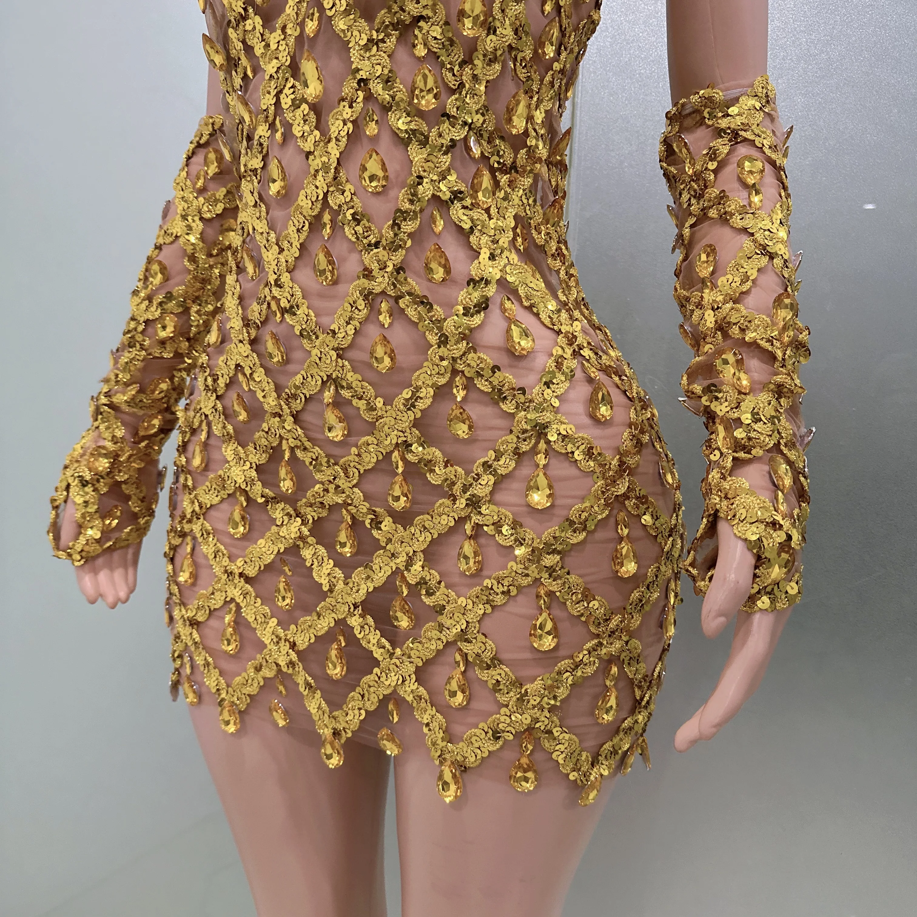 Sexy See-Through Backless Gold Rhinestones Gloves Sheath Dress Evening Party Performance Costume Bar Nightclub Singer Stage Wear