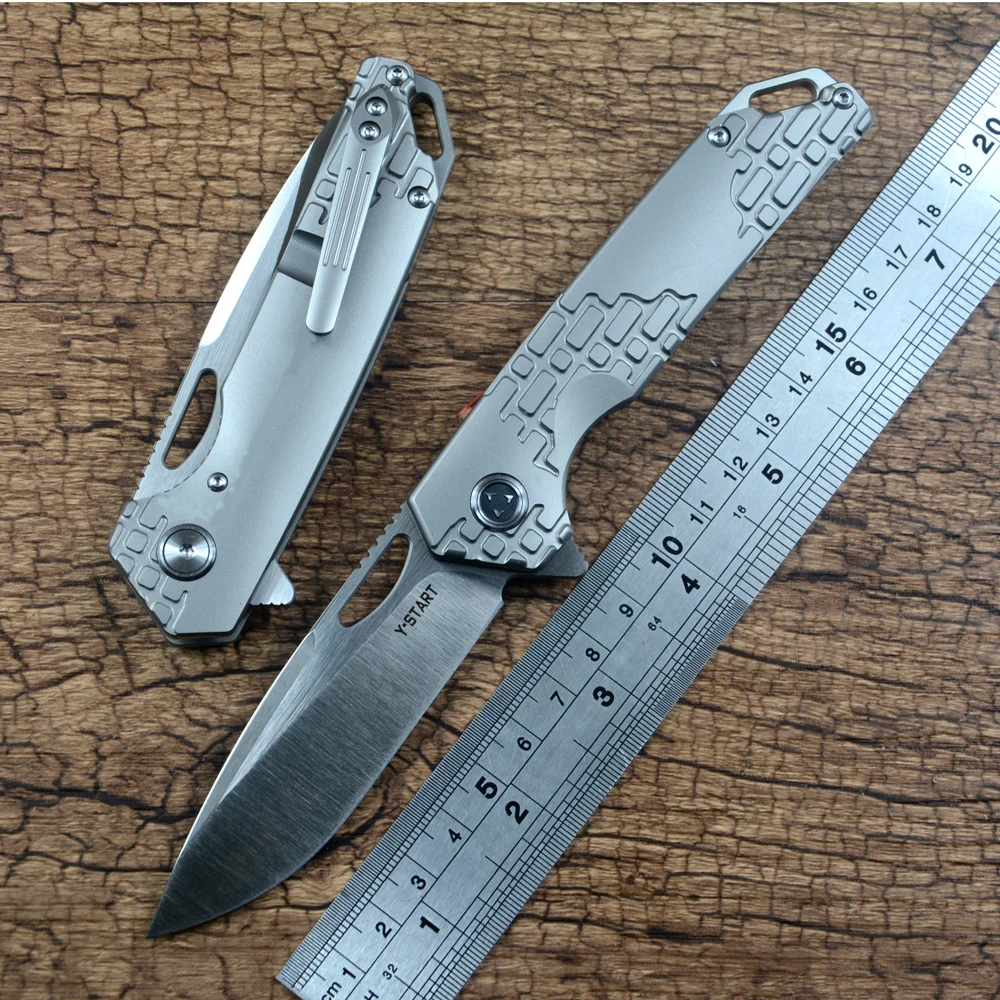 Y-START Outdoor EDC Tool Folding Knife Pocket 3.2” S35VN Blade Ceramic Ball Bearing Washer Gray TC4 Titanium Handle LK2001