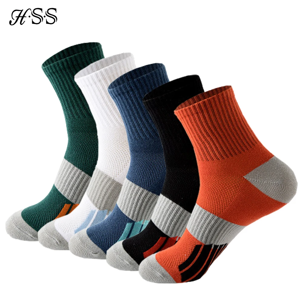 HSS Basketball Men\'s Socks Running Sports Socks 5 Pairs/Lot Organic Cotton Summer Fitness Breathable Quick Dry Sock Man Big Size