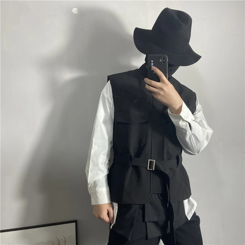 

Men's Loose Multi Pocket Work Suit Vest Small Coat 2022 Spring Waist Zipper Korean Fashion Men's Sleeveless Top