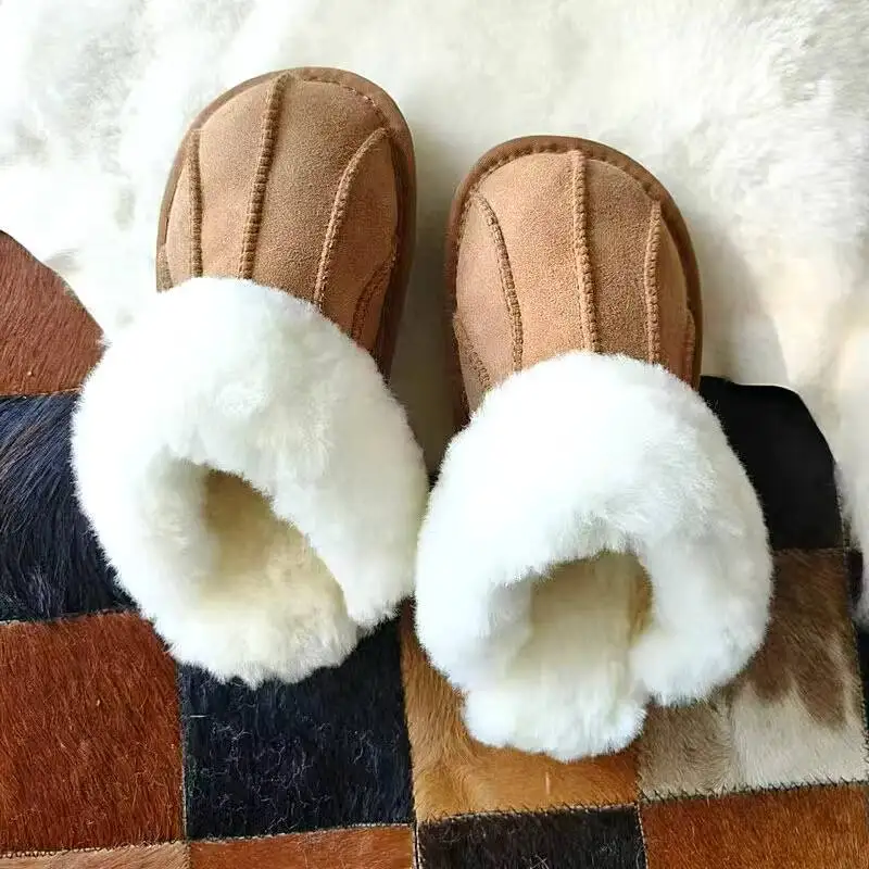 Winter Home Slippers 2025 Unisex Sheepskin Slippers Genuine Fur Sheepskin Integrated Non Slip Warm Large Size Household Slippers