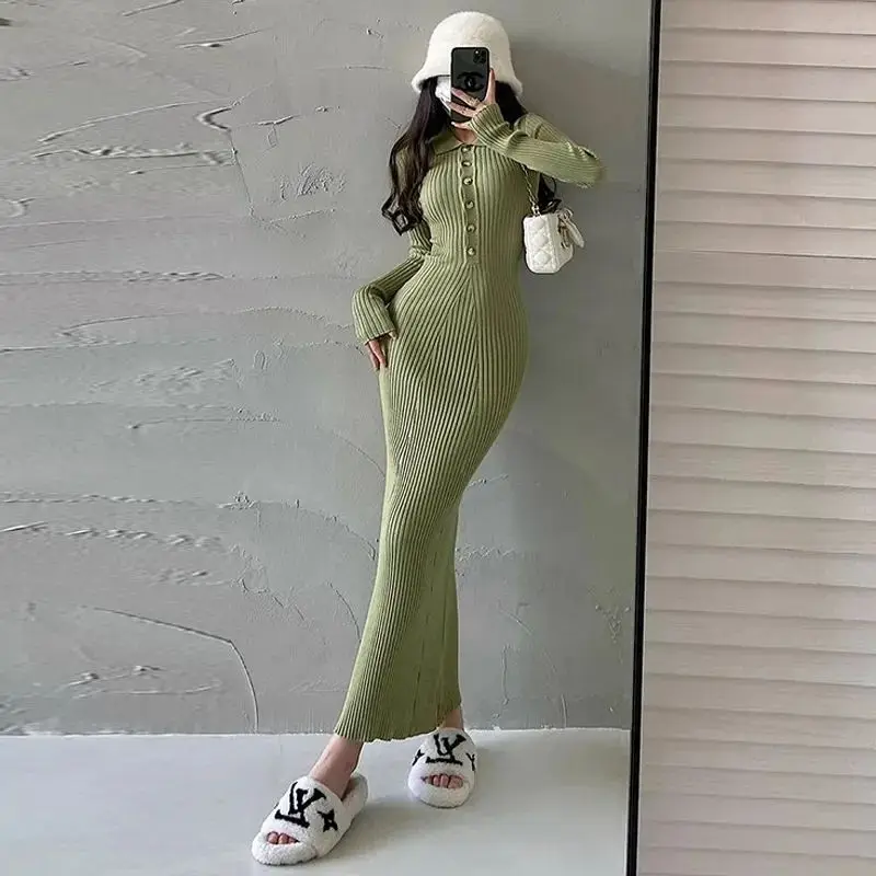 YoungGirlDay Pure Desire Style Sexy Slimming Slimming Flip Collar Long Sleeve Knitted Butt Wrapping Fish Tail Dress Long Skirt