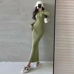 YoungGirlDay Pure Desire Style Sexy Slimming Slimming Flip Collar Long Sleeve Knitted Butt Wrapping Fish Tail Dress Long Skirt