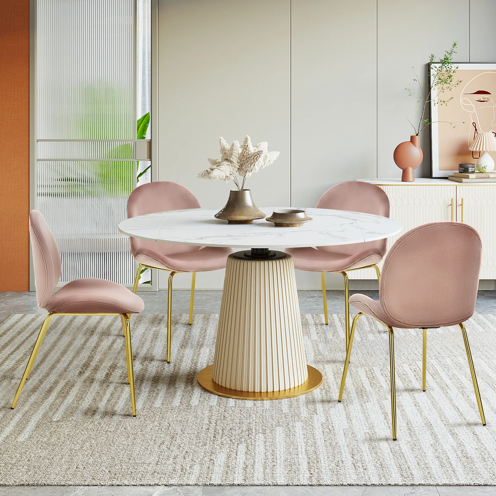 Juego de 4 sillas de terciopelo con patas de Metal dorado, color rosa, para comedor