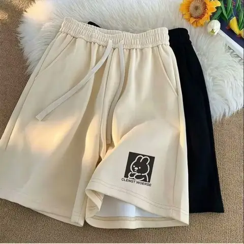 【 M-8XL 】Cute Cartoon Rabbit Letter Print Men Casual Shorts Elastic Drawstring Loose Streetwear Daily Sport Jogging Short Pants